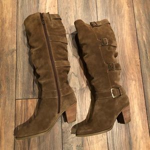 Tan suede knee high boots with buckles by Sofft